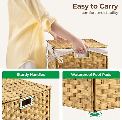 GREENSTELL Storage Basket with Lid, 27.7 Gallon(105L) Lagre Wicker Blanket Storage Basket with Handles, Foldable, 2 Removable Liner Bags, Metal Frame, for Bedroom, Laundry Room, Natural