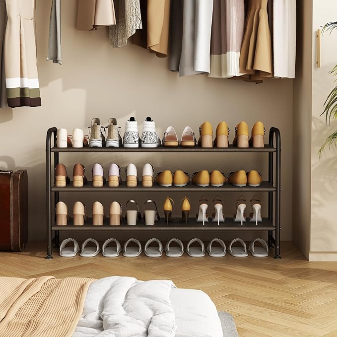 INGIORDAR Shoe Rack 3 Tier Long Storage Organizer Wide Metal Shoe Shelf for Closet Entryway Brown