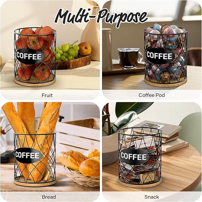 Coffee Pod Holder for K Cups – K Cup Organizer with Metal Wire and Bamboo Base, Large Capacity Coffee Pod Storage for Countertop, Coffee Bar or Kitchen, Pod Holder for K-Cup Style Capsule
