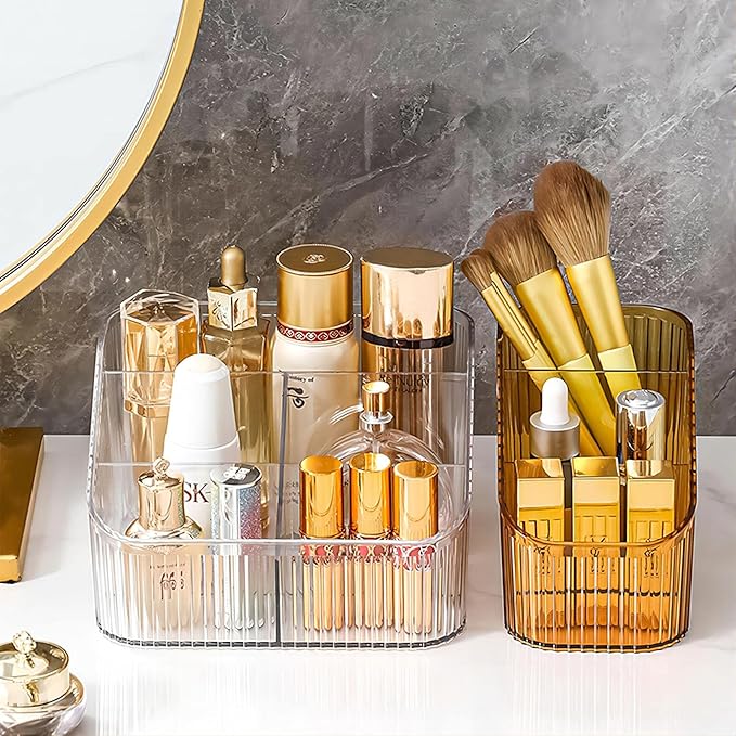 DASITON Large Capacity Makeup Brush Holder,5 Slot Makeup Brush Cup,Vintage striped Make Up Brush Holder,for Vanity Decor,Bathroom Countertops,Desk Storage Container,Cosmetic Display cases(Clear-L)