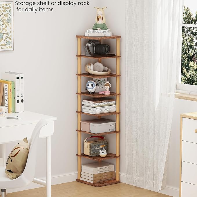 LUCKNOCK Vertical Shoe Rack, 8-Tier Tall Narrow Shoe Organizer for Entryway, Closet, Dorm & Small Spaces, Freestanding Wooden Shoe Shelf Tower for Boots, Sneakers, Heels. (Rustic Brown)