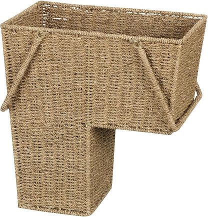 Household Essentials Wicker Stair Basket with Handles, Handwoven Seagrass, Natural