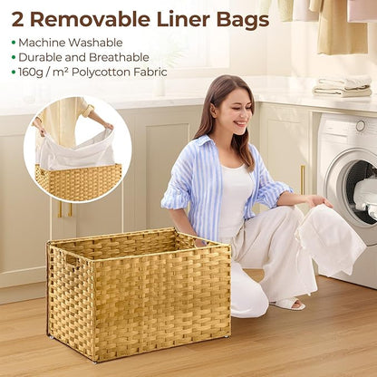 GREENSTELL Storage Basket with Lid, 27.7 Gallon(105L) Lagre Wicker Blanket Storage Basket with Handles, Foldable, 2 Removable Liner Bags, Metal Frame, for Bedroom, Laundry Room, Natural