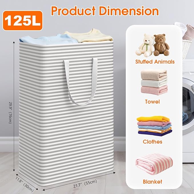 3 Pack Large Laundry Basket,Waterproof & Freestanding Laundry Hamper,Collapsible Clothes Hampers with Easy Carry Long & Reinforced Handles in Bathroom,College Dorm(125Lx3,Gray)