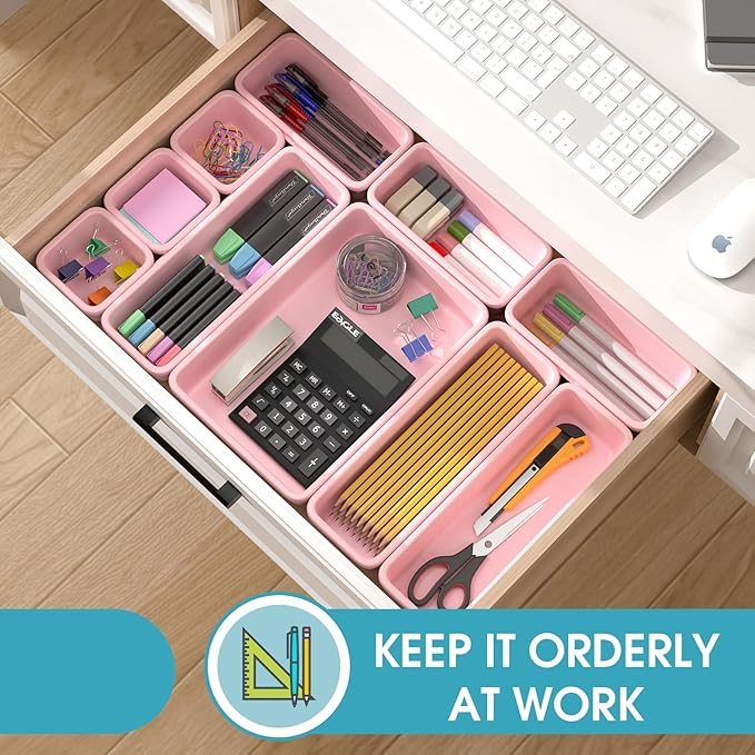 33 PCS Drawer Organizer Set, 4 Size Makeup Drawer Divider Organizer With Non-Slip Pads, Interlocking Plastic Storage Bins for Office,Jewelry Vanity,Gadgets, Bathroom,Kitchen, Pink