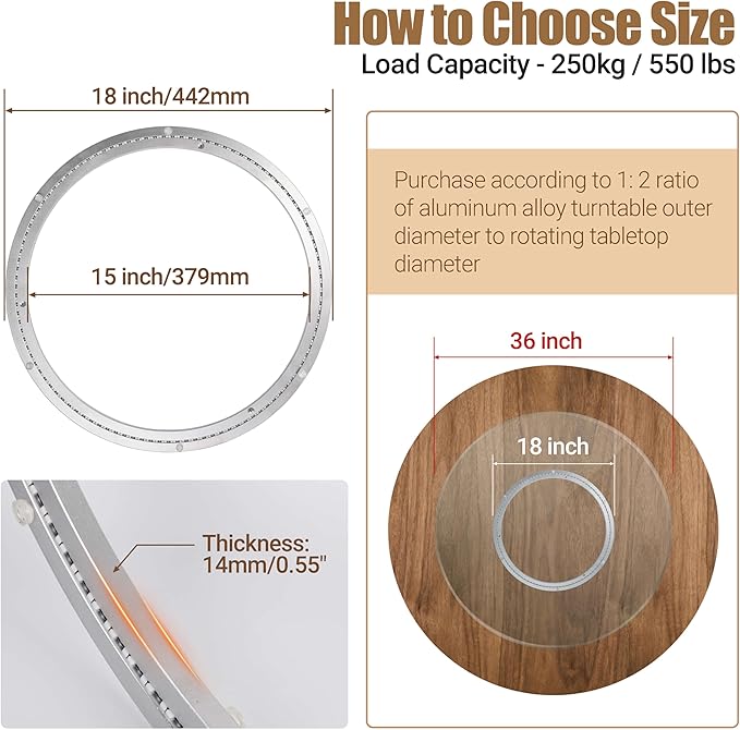 18 Inch Lazy Susan Heavy-Duty Aluminium Alloy Rotating Bearing Lazy Susan Hardware- Mute Bearing Turntable Ring Hardware for Dining and DIY Furniture (Capacity up to 550lb)