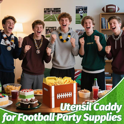 2PCS Football Utensil Holder Paper Utensil Caddy for Football Party Supplies Cutlery Holder with Handles Green Brown Party Favors Snack Box Disposable Cutlery Caddy for Sports Birthday Decorations