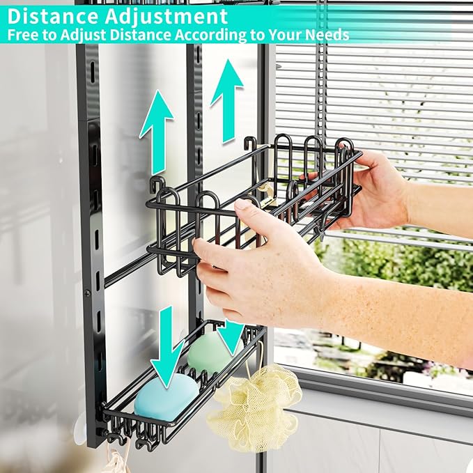 HapiRm 3 Tier Over the Door Shower Caddy, Hanging Shower Caddy with 16 Hooks and 2 Soap Holders, No Drilling Adjustable Hanging Bathroom Organizer - Black