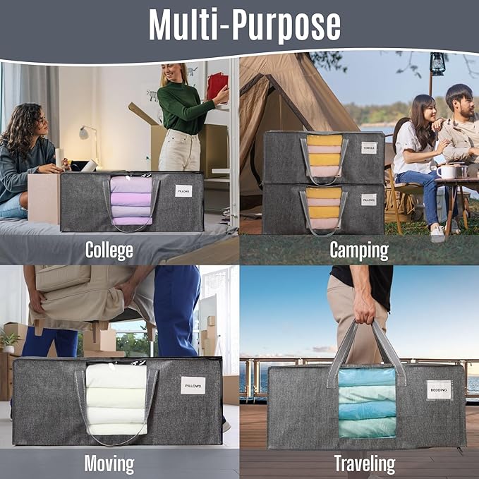 VENO 4 Pack Heavy Duty Moving Bags, Packing Bags with Clear Window, Alternative to Moving Boxes, Storage Bins for Clothes, Blankets, Comforters, College Dorm Essentials (Gray, 4 Pack)