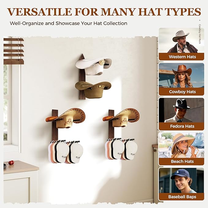 Cowboy Hat Rack for Wall, Cowboy Hat Holder Wall Mount Holds up to 6 Hats, Wooden Western Rustic Metal Hat-Organizer with Arrow Sign Board, Display and Decor Rack for Fedora, Sun Hats,Baseball Caps