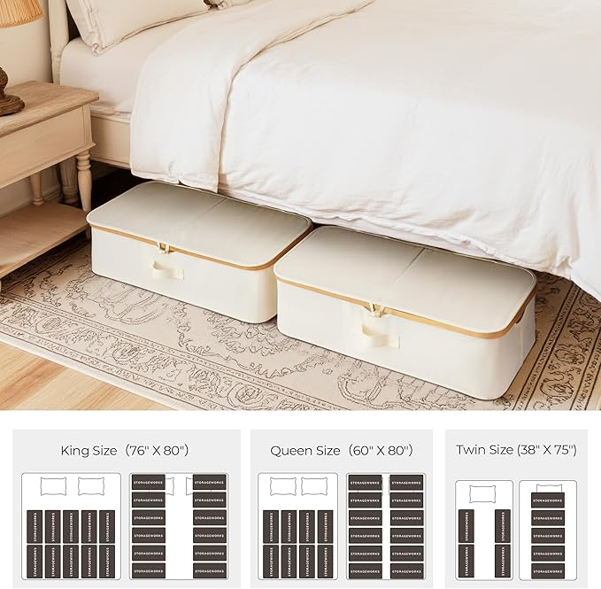 StorageWorks Underbed Storage Containers with Lids, 2-Pack 7" Low Profile Under Bed Storage Box with Bamboo Frame for Clothes, Bedding, Blankets and Shoes, 42L Sturdy Fabric Organizer, Beige