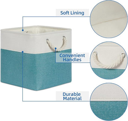 Temary Cubes Storage Baskets 11 Inch Cube Storage Bins 4 Pack Fabric Baskets for Gift Empty Teal Storage Bins for Shelves, Collapsible Fabric Storage Cubes Basket for Storage (White&Teal)