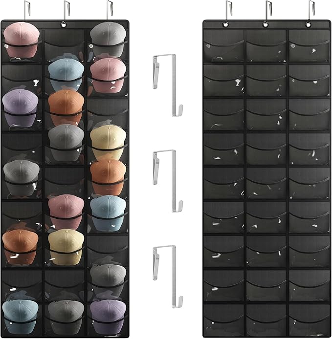Fixwal Hat Organizer for Baseball Caps, 27 Pocket Over The Door Hat Rack for Storage Closet Wall, Cap Holder Hanger with Large Clear Pockets & 3 Hooks, Hat Storage to Protect and Display, Black