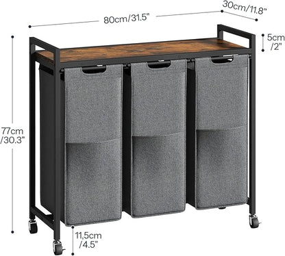 HOOBRO Laundry Sorter 3 Section, Laundry Hamper with Wheels, 3 × 11.5 Gal (43.4L), Rolling Laundry Basket, Pull-Out and Removable Oxford Fabric Laundry Bags, Rustic Brown and Grey BFG76XY01