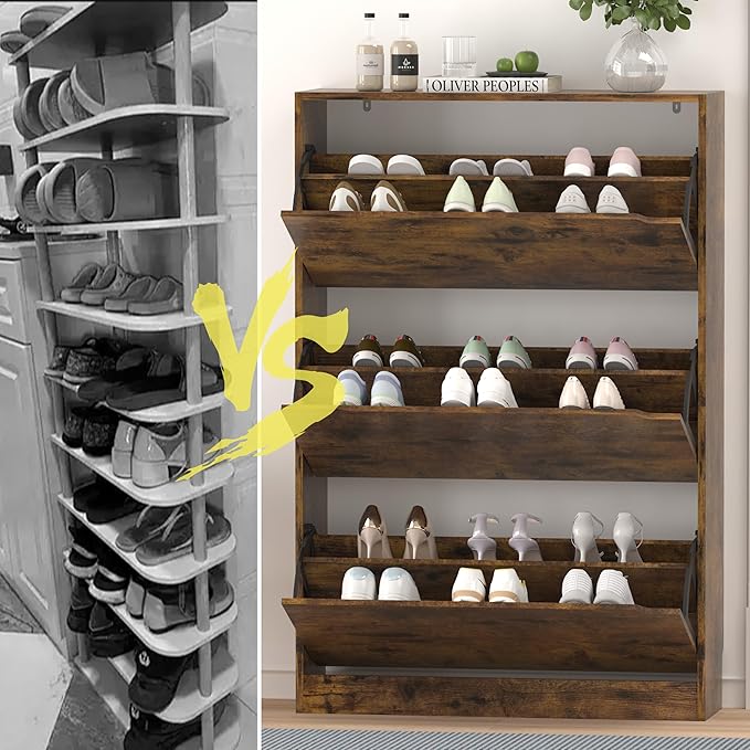 Shoe Storage Cabinet for Entryway, Brown Shoe Cabinet with 3 Flip Drawers, Hidden Shoes Rack Freestanding Storage Organizer for Entryway,Closet, Living Room,Hallway 47.24"H × 31.50"W × 9.44"D