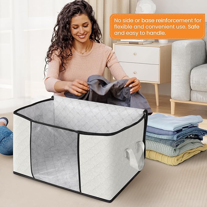 Fab totes 10 Pack Clothes Storage, Foldable Thick Fabric Blanket Storage Bags, Containers for Organizing Bedroom, Closet, Clothing, Comforter, Organization with Handle,Ivory White