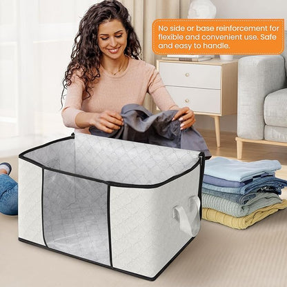 Fab totes 10 Pack Clothes Storage, Foldable Thick Fabric Blanket Storage Bags, Containers for Organizing Bedroom, Closet, Clothing, Comforter, Organization with Handle,Ivory White