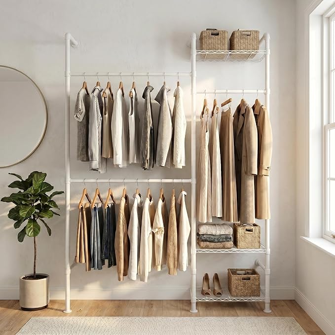 Wall Mounted Closet System – Adjustable Clothing Rack with 2 Expandable Rods & 3 Shelves, Heavy Duty Industrial Pipe Clothes Rack for Closet Organizer and Storage, White
