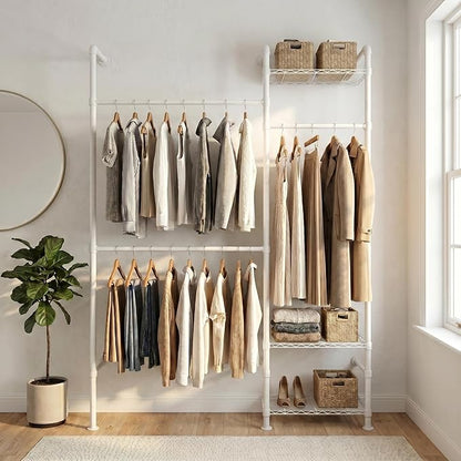 Wall Mounted Closet System – Adjustable Clothing Rack with 2 Expandable Rods & 3 Shelves, Heavy Duty Industrial Pipe Clothes Rack for Closet Organizer and Storage, White