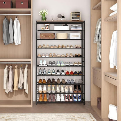 HOMEFORT 10 Tiers Shoe Rack Organizer,39.4" Shoe Storage Shelf for Closet, Shoe Rack for Entryway,Holds 45-50 Pairs of Shoe, Tall Shoe Stand with Metal Shelves and MDF Top Board,Rustic Brown