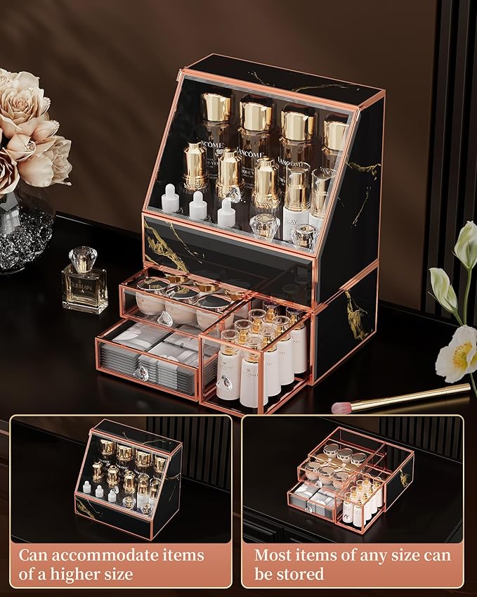 CoralHouse Makeup Organizer for Vanity, Black Makeup Organizer with Drawer, Skincare Holder for Bathroom Countertop,Cosmetic Display Case for Dresser