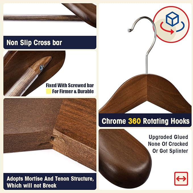 Wooden Coat Hangers - Wide Shoulder Hangers with Non Slip Pants Holder, Heavy Duty, for Men, Women, Suit, Coat, Jacket, Pants (Walnut, 10 Pack)