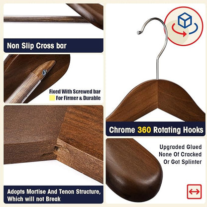 Suit Hangers 6 Pack Wooden Coat Hangers,Wide Shoulder Hangers with Non Slip Pants Holder,Heavy Duty Clothes Hangers,Suit Hangers for Men,for Women,for Suit,Coat,Jacket,Pants (Walnut
