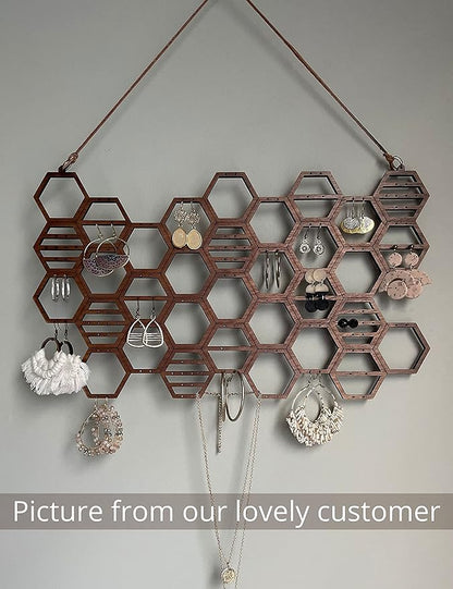 Heesch Honeycomb Earring Organizer Wall Mount Display Wood Hanging Jewelry Organizer for Stud Earrings, Necklaces (Walnut)