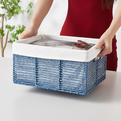 Vagusicc Wicker Storage Basket, 6 Pack Baskets for Organizing, Wicker Baskets with Handle, Rectangular Woven Basket for Storage Shelves, Cube Storage Bins for Closet/Clothes/Dresser, Blue