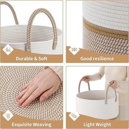 Laundry Basket Hamper Tall Rope Storage Woven for Blanket toys Dirty Clothes in Living Room Bathroom Bedroom (Blend White & Camel, 60L/15.8Gal)