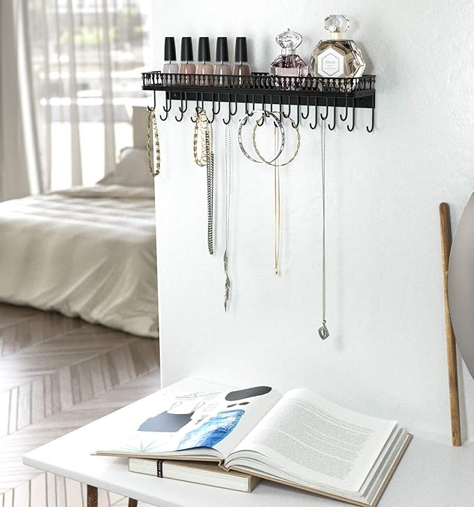 J JACKCUBE DESIGN Wall Mounted Black Metal Jewelry Hanger, Necklace Display Storage Holder with Tray and 25 Hooks for Necklace Earrings Bracelet Ring Watch - MK621A