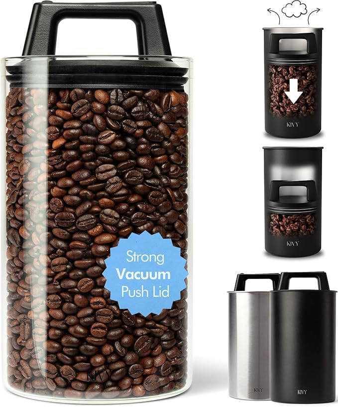 KIVY Vacuum Seal Coffee Canister (Glass) - Coffee Canister with Airtight Lid - Airtight Coffee Jar - Air Tight Coffee Container - Vacuum Storage