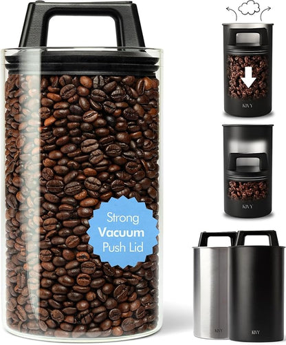 KIVY Vacuum Seal Coffee Canister (Glass) - Coffee Canister with Airtight Lid - Airtight Coffee Jar - Air Tight Coffee Container - Vacuum Storage