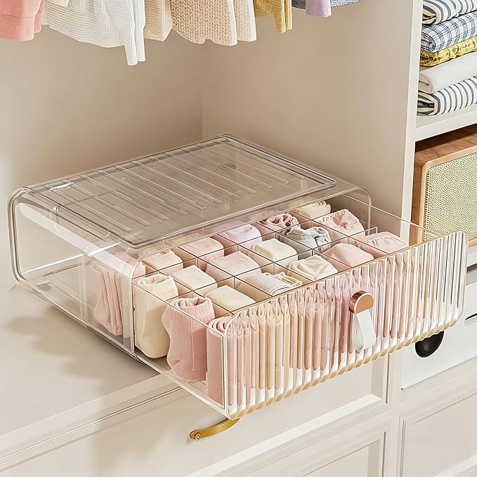 Sock Underwear Drawer Organizer - 24 Compartment Clear Acrylic Storage Bins with Removable Dividers for Closet, Stackable Dresser Drawer Box for No-Mess Socks, Tiers, Baby Clothes, Belt, Tea Bag