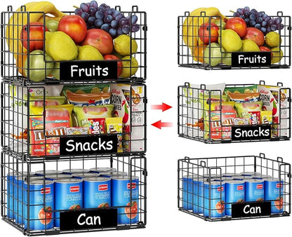 JKsmart 3 Pack Stackable Wire Baskets with NamePlates for Pantry Organizers and Storage, XL Fruit and Vegetable Basket, Metal Storage Bins for Snack Can Fruit Veggies, XL