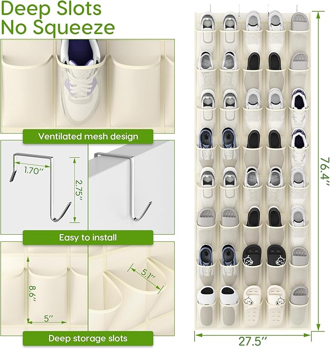 Over the Door Shoe Organizer with 40 Large Breathable Mesh Pockets, Space Saving Shoe Holder, Hanging Shoe Rack for Entryway Bedroom Closet Storage (Beige, 40 Pockets)