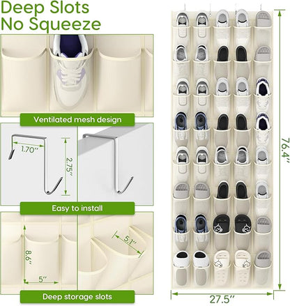 Over the Door Shoe Organizer with 40 Large Breathable Mesh Pockets, Space Saving Shoe Holder, Hanging Shoe Rack for Entryway Bedroom Closet Storage (Beige, 40 Pockets)