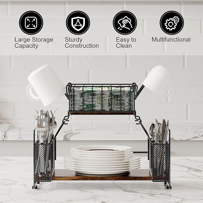 TQVAI Buffet Caddy, 2 Tier Countertop Paper Plate Organizer with Silverware Holder Mugs Hook Napkin Basket, Serving for Catering Supplies Buffet Display Hosting Thanksgiving Essentials, Black/Antique