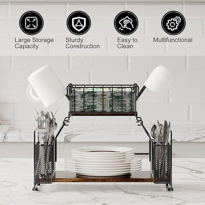 TQVAI Buffet Caddy, 2 Tier Countertop Paper Plate Organizer with Silverware Holder Mugs Hook Napkin Basket, Serving for Catering Supplies Buffet Display Hosting Thanksgiving Essentials, Black/Antique