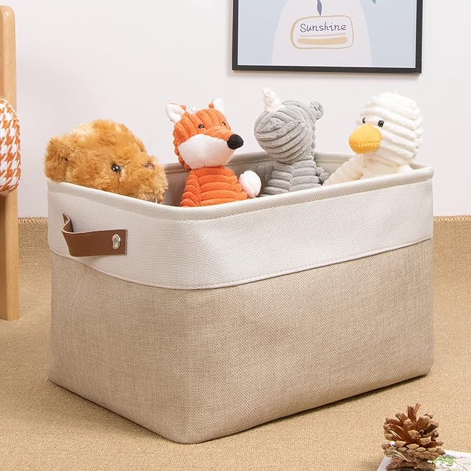 DULLEMELO Fabric Storage Basket for Shelves/Closets, Collapsible Rectangle Basket for Organizing Clothes, Towels, Books, Laundry, Nursery, Dog Basket Empty (White&Khaki)