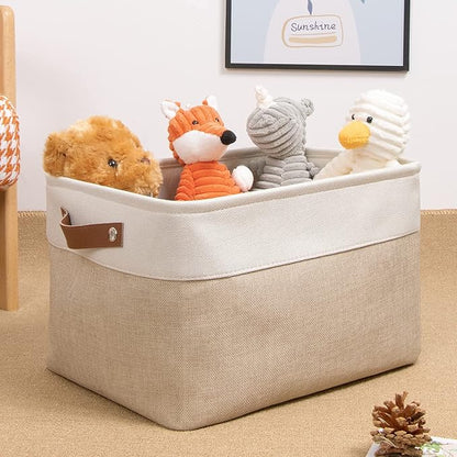 DULLEMELO Fabric Storage Basket for Shelves/Closets, Collapsible Rectangle Basket for Organizing Clothes, Towels, Books, Laundry, Nursery, Dog Basket Empty (White&Khaki)