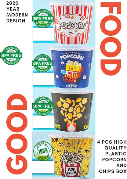 Modern Style Reusable Plastic Popcorn Containers / Popcorn Bowls Set for Movie Theater Night - Washable in the Dishwasher - (BPA Free-4 Pack) (Color: Yellow, Brown, Red/White and Blue Popcorn Boxes)