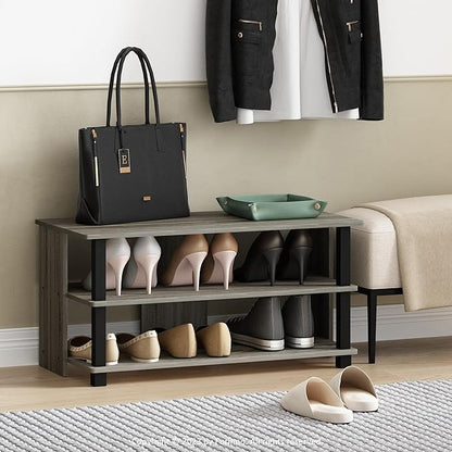Furinno Turn-N-Tube Shoe Rack, 3-Tier Shoe Organizer, Shoe Storage with Compact Open Shelves, 15.5 x 31.5 x 15.7, for Closet Entryway, Office, Garage, French Oak/Black