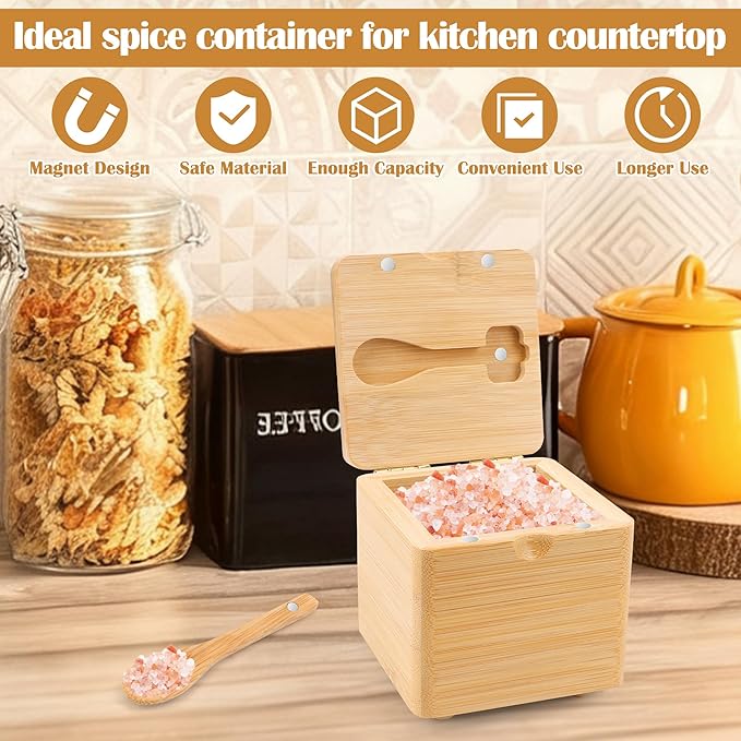 Luxiv Updated Bamboo Salt Cellar with Lid and Spoon, Bamboo Salt Box Wood Spice Box with Magnetic Lid for Pepper Spice Sea Salt Container Jar For Countertop with 4 Bases