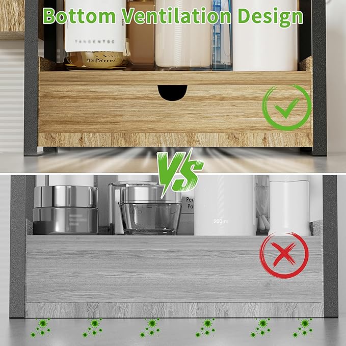 Kottwca 2-Tier Bathroom Counter Organizer with Drawer, Basket & Hooks, Wooden Vanity Shelf for Skincare, Perfume & Makeup Storage(Light Brown)