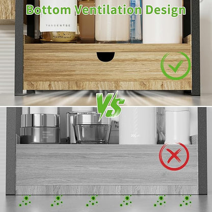 Kottwca 2-Tier Bathroom Counter Organizer with Drawer, Basket & Hooks, Wooden Vanity Shelf for Skincare, Perfume & Makeup Storage(Light Brown)
