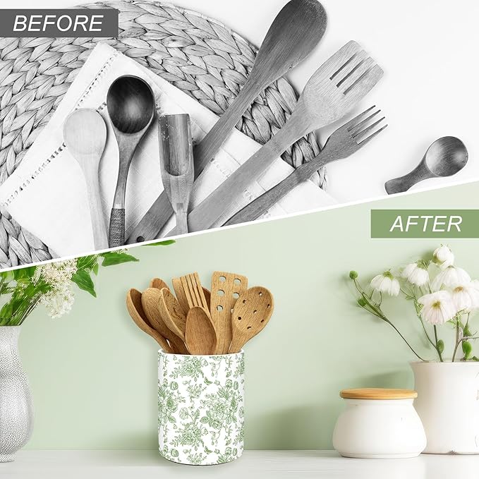 JarThenaAMCS Green Floral Ceramic Utensil Holder Vintage Flower Butterfly Utensil Crock for Home Kitchen Countertop Storage Organizer Container