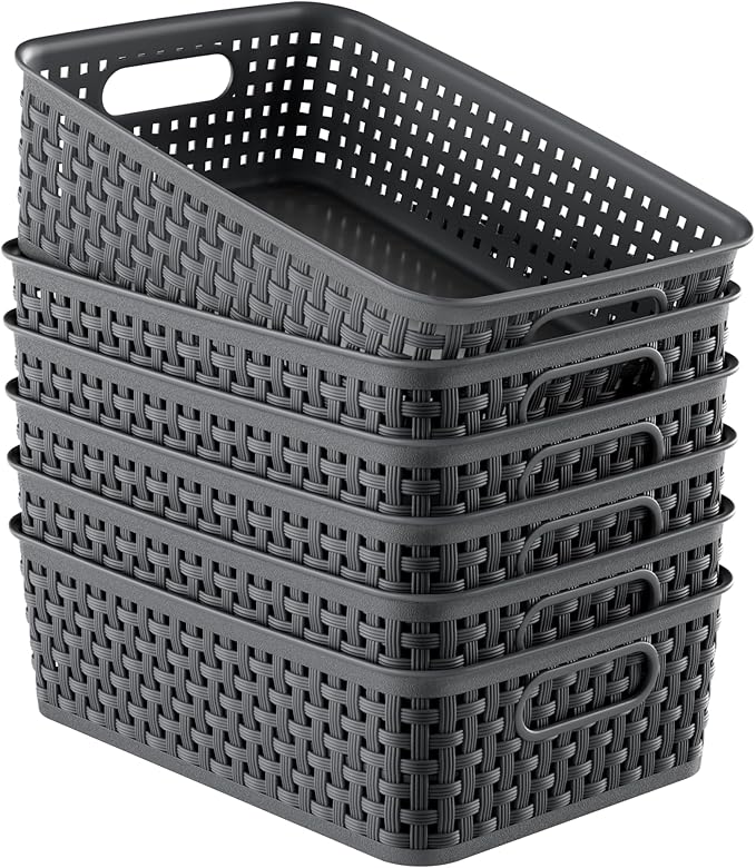 6 Pack Plastic Storage Baskets, Small Baskets for Organizing, Plastic Storage Bins Wicker Pantry Organizer Bins Household Toys for Laundry Room, Bedrooms, Kitchens, Cabinets, Countertops