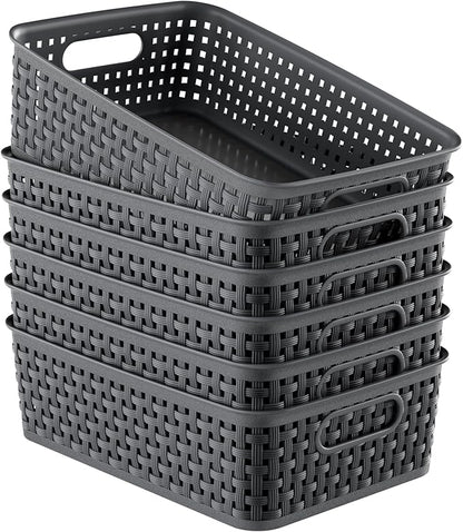 6 Pack Plastic Storage Baskets, Small Baskets for Organizing, Plastic Storage Bins Wicker Pantry Organizer Bins Household Toys for Laundry Room, Bedrooms, Kitchens, Cabinets, Countertops