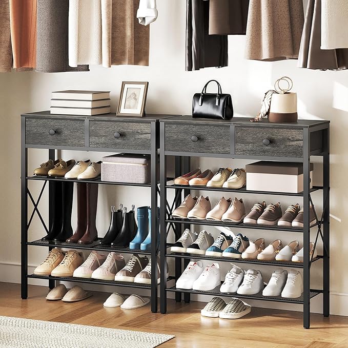 YATINEY 5 Tier Shoe Rack, Large Capacity Shoe Storage Organizer, Metal Shoe Shelf with Drawer and Wooden Top, for 20 Pairs of Shoes, for Entryway, Closet, Charcoal and Black SS25BCY1